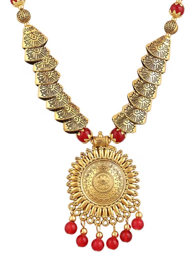 Red And Samosa Beads Sun Pendant Necklace Set