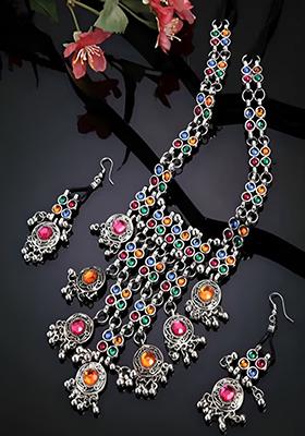 Chand Latkan Long Necklace And Pink Orange Long Boho Combo