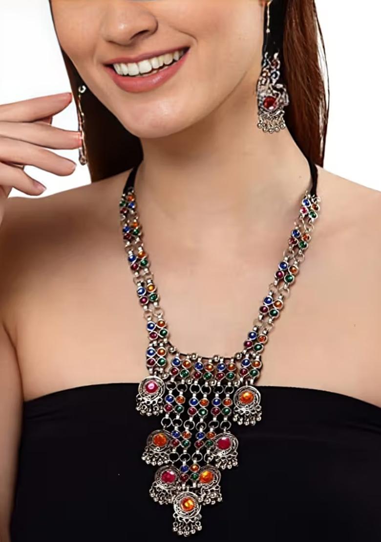 Chand Latkan Long Necklace And Pink Orange Long Boho Combo