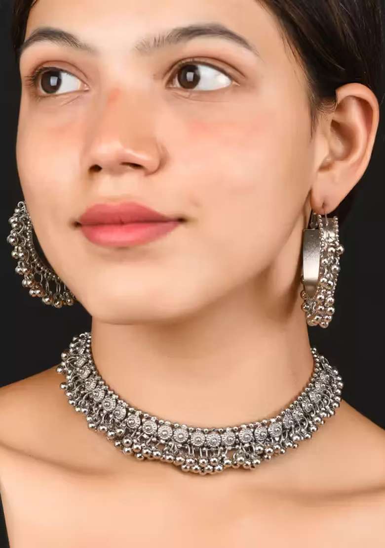 Oxidised Silver Ghunghroo Choker With Bali - Indya