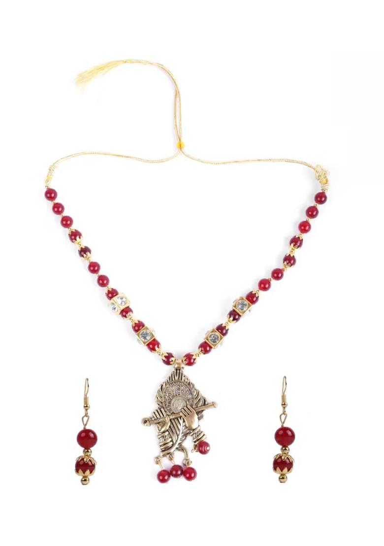 Maroon And Golden Square Beads Morpankh Pendant Necklace Set