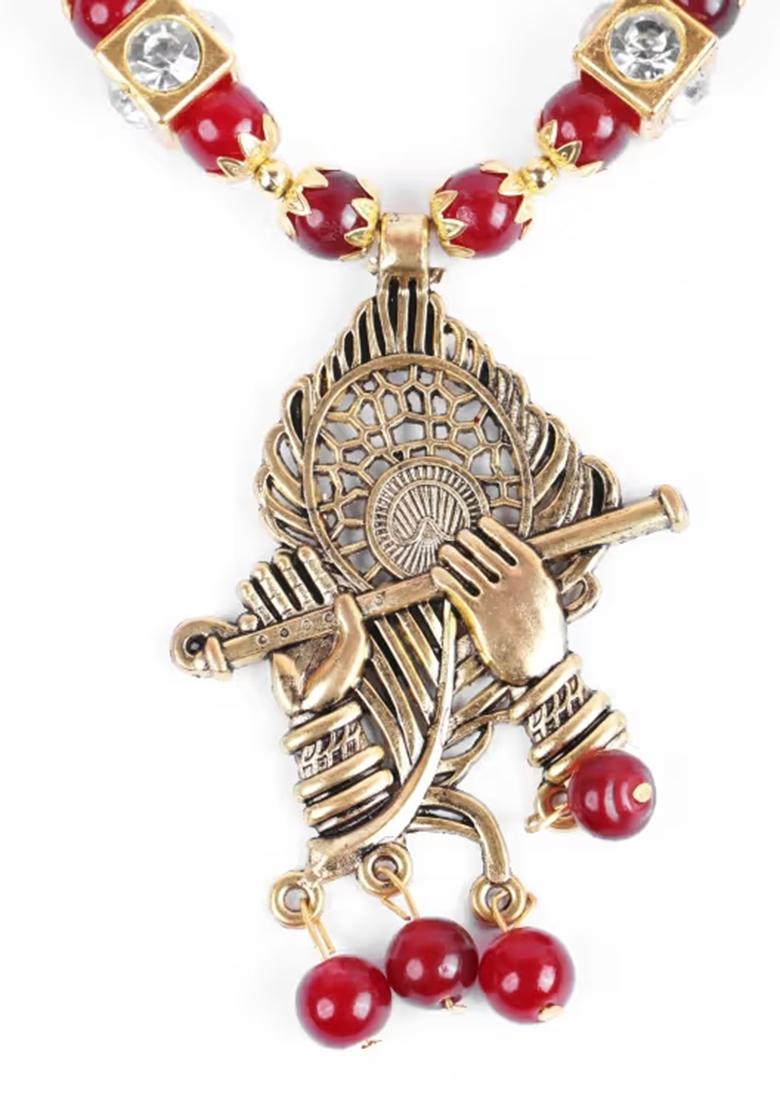 Maroon And Golden Square Beads Morpankh Pendant Necklace Set