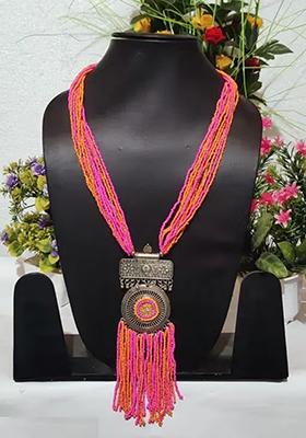Pink Orange Long Small Beads With Multi Long Boho Combo Set