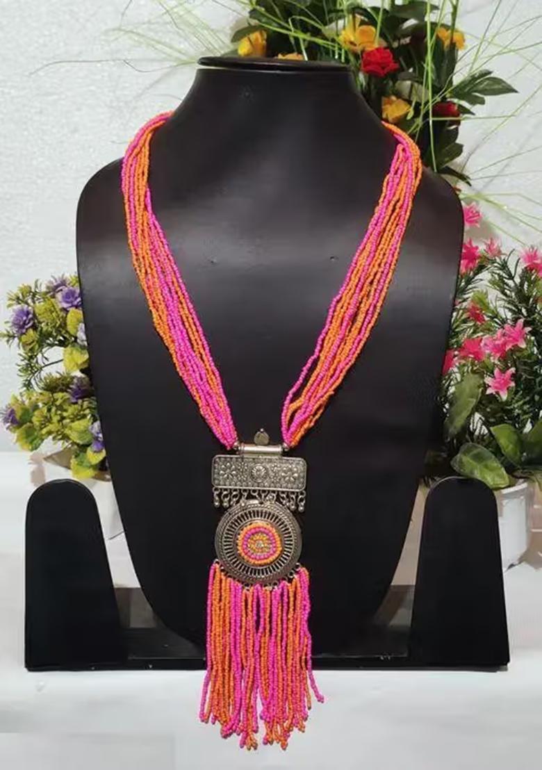 Pink Orange Long Small Beads With Multi Long Boho Combo Set