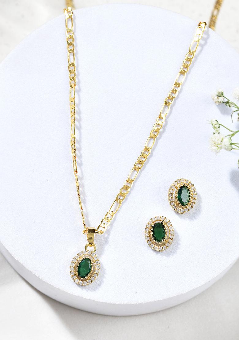 Elegant Gold Plated Green Stone Earring And Pendant Set And Royal Jewelry For Women