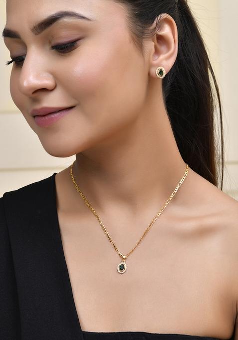 Elegant Gold Plated Green Stone Earring And Pendant Set And Royal Jewelry For Women