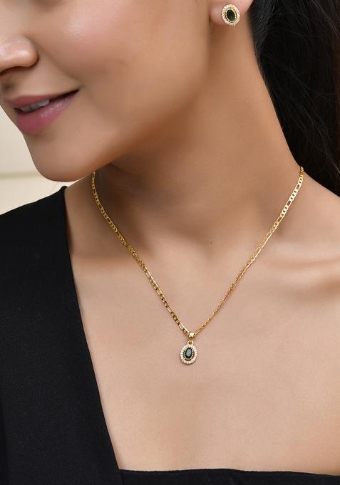 Elegant Gold Plated Green Stone Earring And Pendant Set And Royal Jewelry For Women