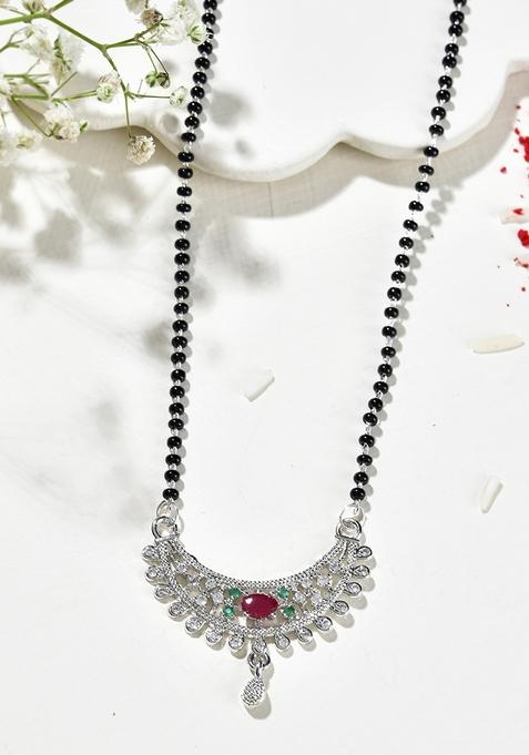 Elegant Silver Plated Mangal Sutra With Floral Crystal Pendant