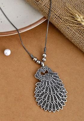 Silver Plated Peacock Shaped Oxidised Pendant With Chain