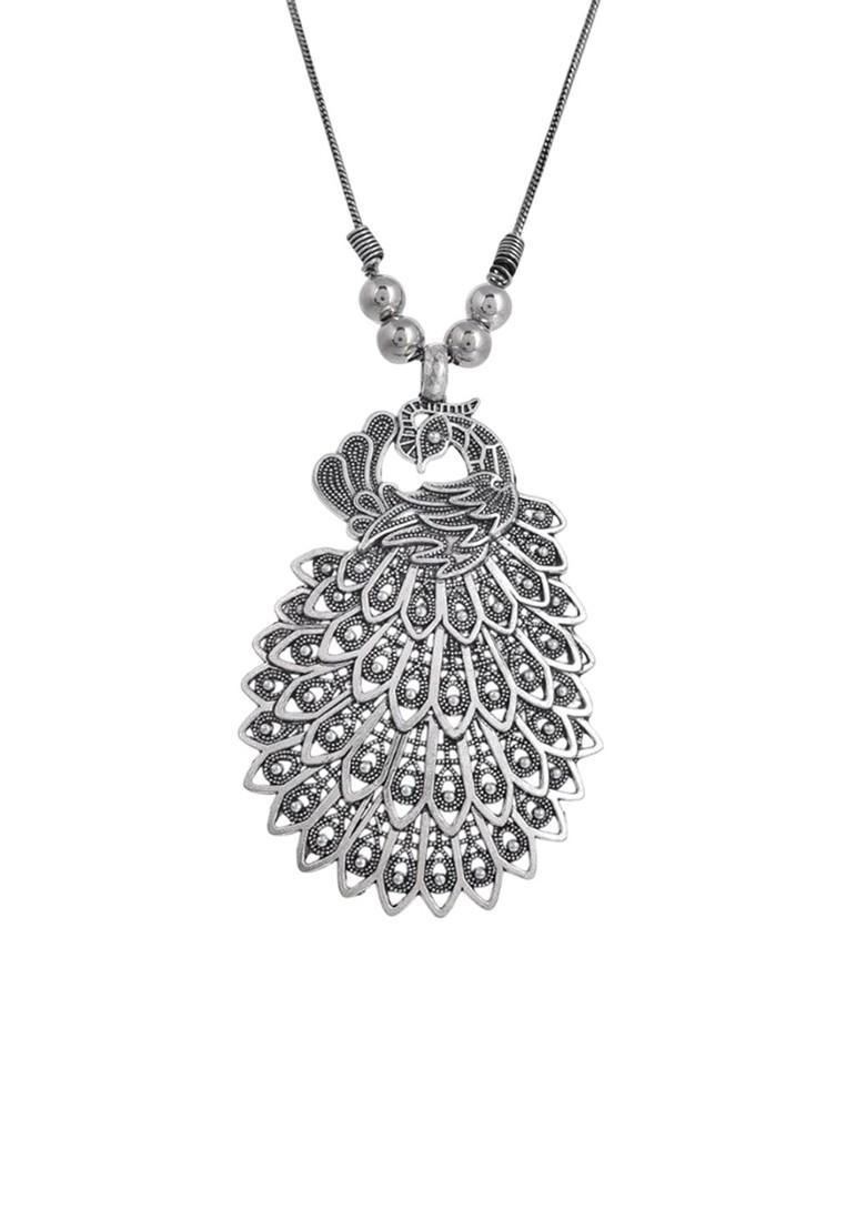 Silver Plated Peacock Shaped Oxidised Pendant With Chain