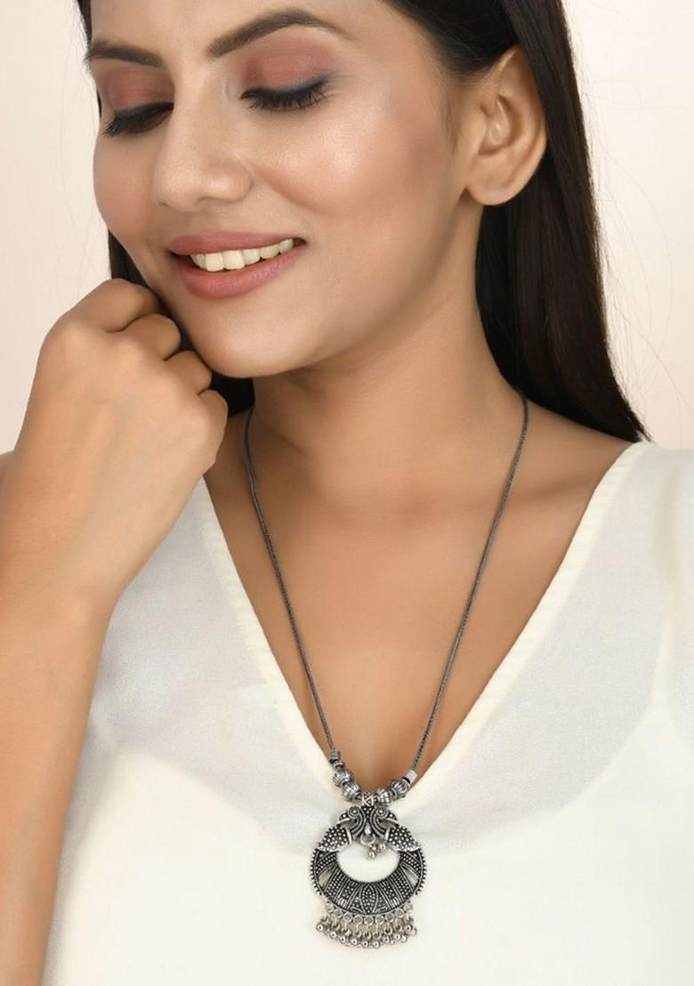 Silver Plated Artificial Beaded Oxidised Necklace