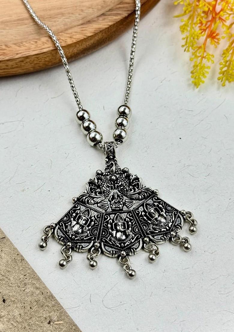 Silver Plated Oxidised And Beaded Necklace