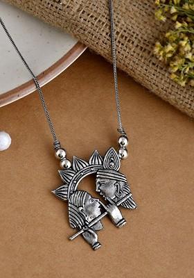Silver Plated Oxidised Radha Krishna Shaped Pendant Chain