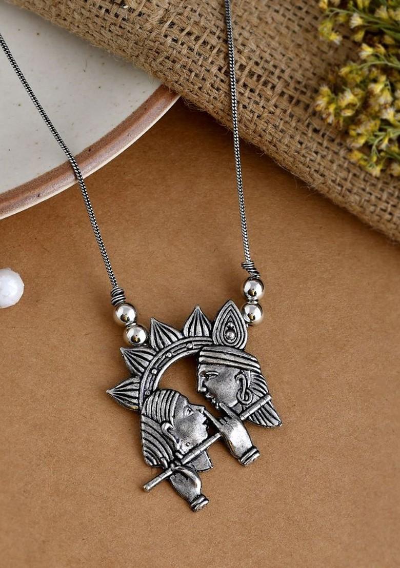 Silver Plated Oxidised Radha Krishna Shaped Pendant Chain