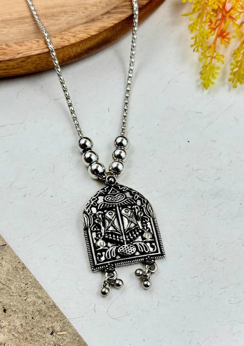 Silver Plated Oxidised And Beaded Necklace