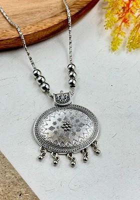 Silver Plated Oxidised And Beaded Necklace