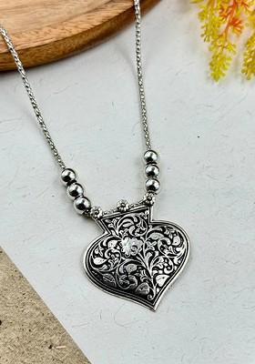 Silver Plated Heart Shaped Oxidised Pendant With Chain