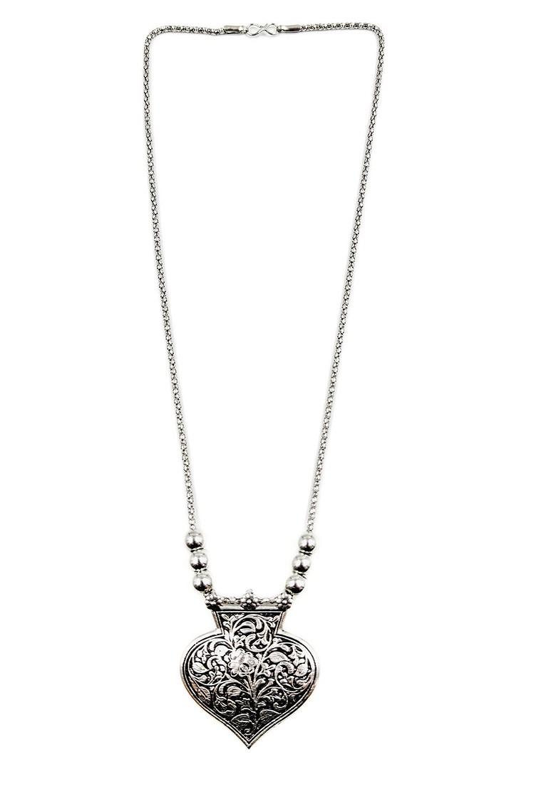 Silver Plated Heart Shaped Oxidised Pendant With Chain