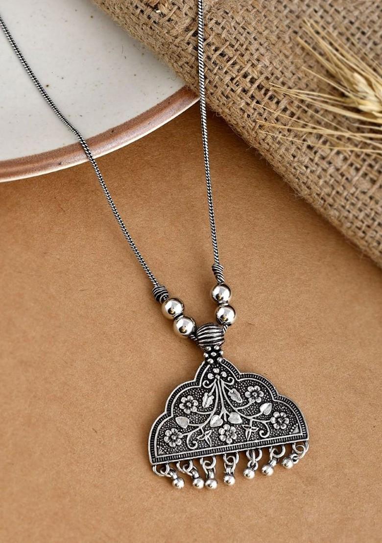 Silver Plated Oxidised And Beaded Necklace