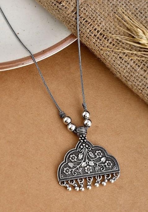 Silver Plated Oxidised And Beaded Necklace