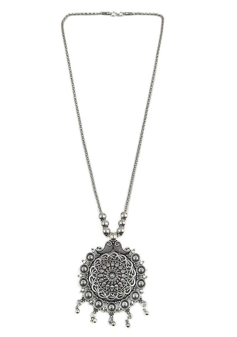 Silver Plated Oxidized Chain Pendent - Indya