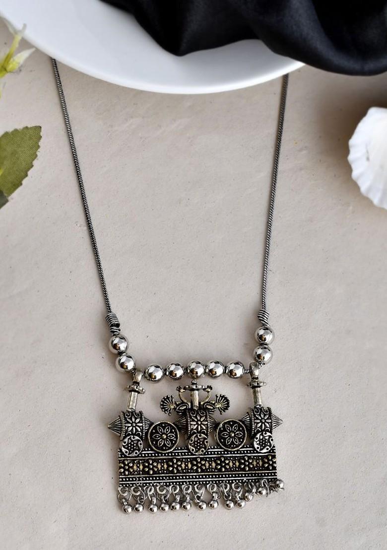 Silver Plated Artificial Beaded Oxidised Necklace