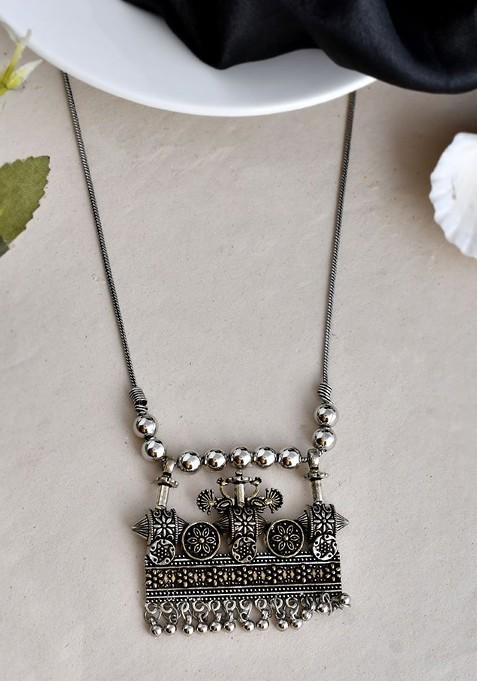 Silver Plated Artificial Beaded Oxidised Necklace