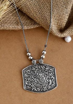 Silver Plated Oxidised Ganesha Shaped Chain Pendant
