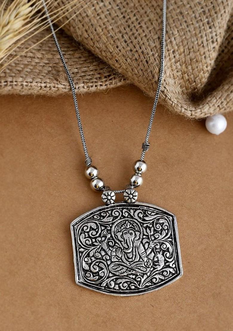 Silver Plated Oxidised Ganesha Shaped Chain Pendant