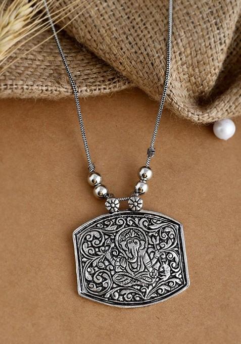 Silver Plated Oxidised Ganesha Shaped Chain Pendant