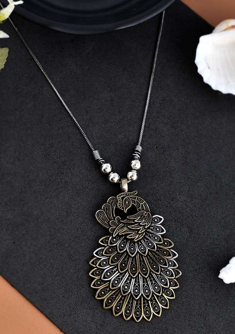 Gold Plated Peacock Shaped Dual Tone Chain Pendant - Indya