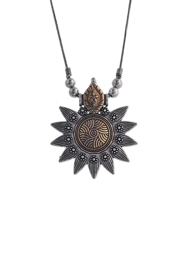 Gold Plated Circular Oxidised Dual Tone Chain Pendant With Chain