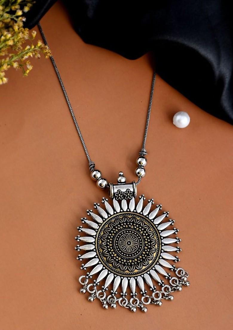 Silver Plated Artificial Beaded Oxidised Necklace