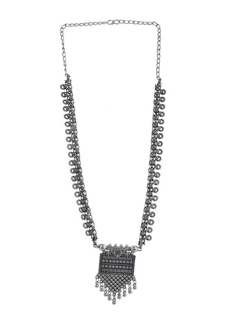 Silver Plated Oxidised Spring Chain Pendant Necklace - Indya