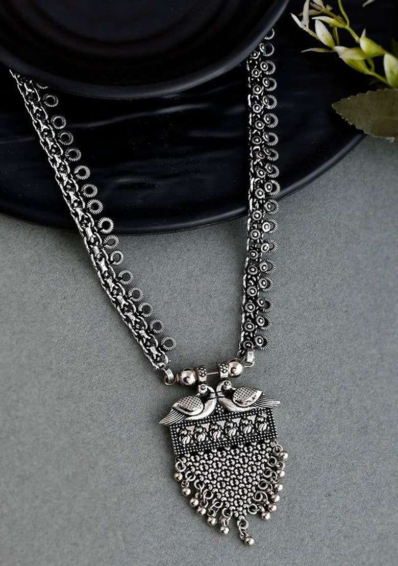 Silver Plated Oxidised Spring Chain Necklace - Indya