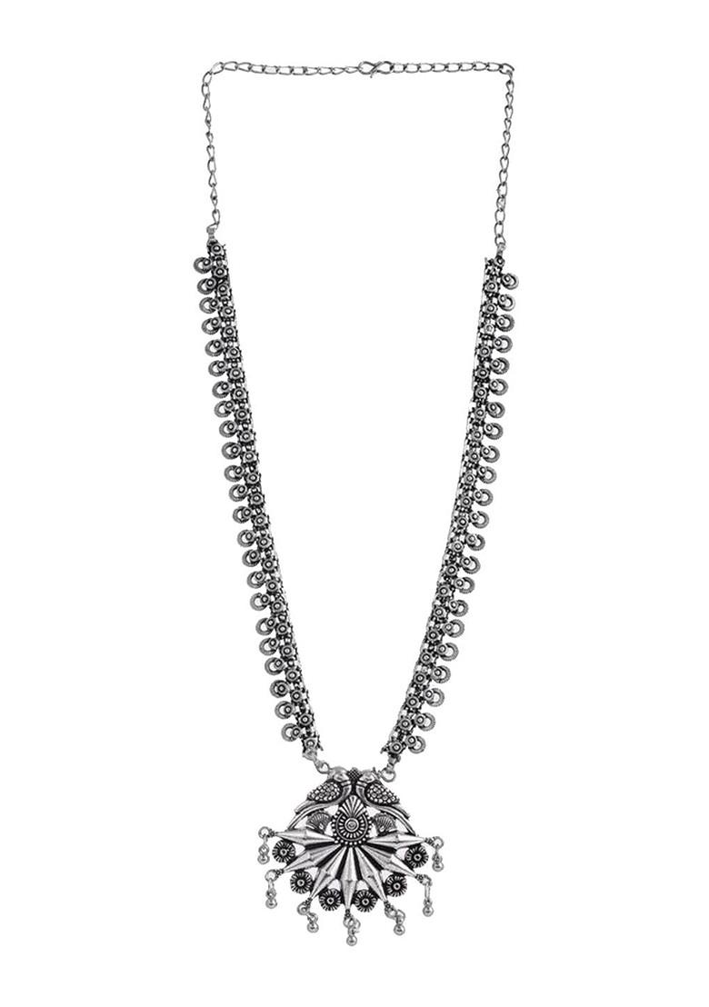 Silver Plated Oxidised Spring Chain Pendant Statement Necklace