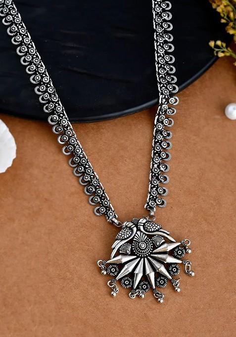 Silver Plated Oxidised Spring Chain Pendant Statement Necklace