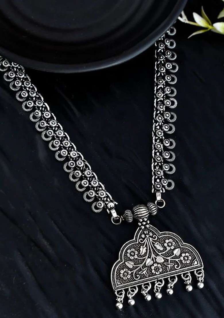 Silver Plated Oxidised Spring Chain Pendant Statement Necklace - Indya