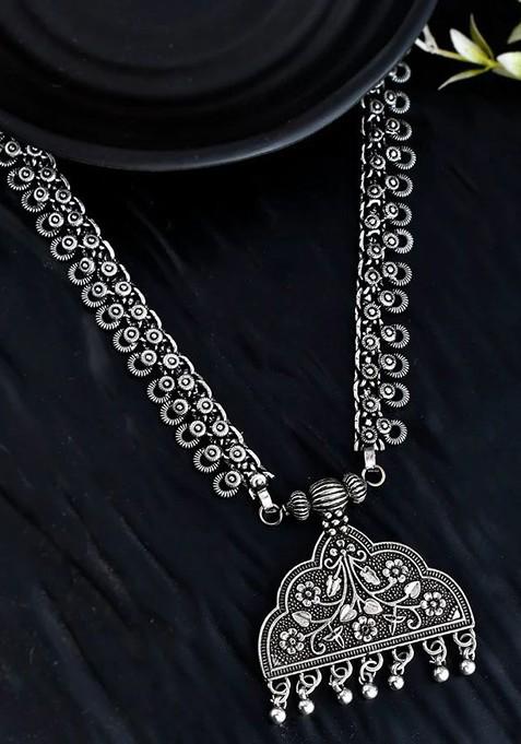 Silver Plated Oxidised Spring Chain Pendant Statement Necklace