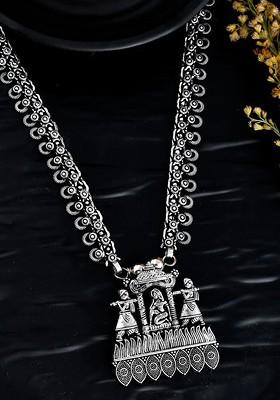 Silver Plated Oxidised Spring Chain Pendant Necklace