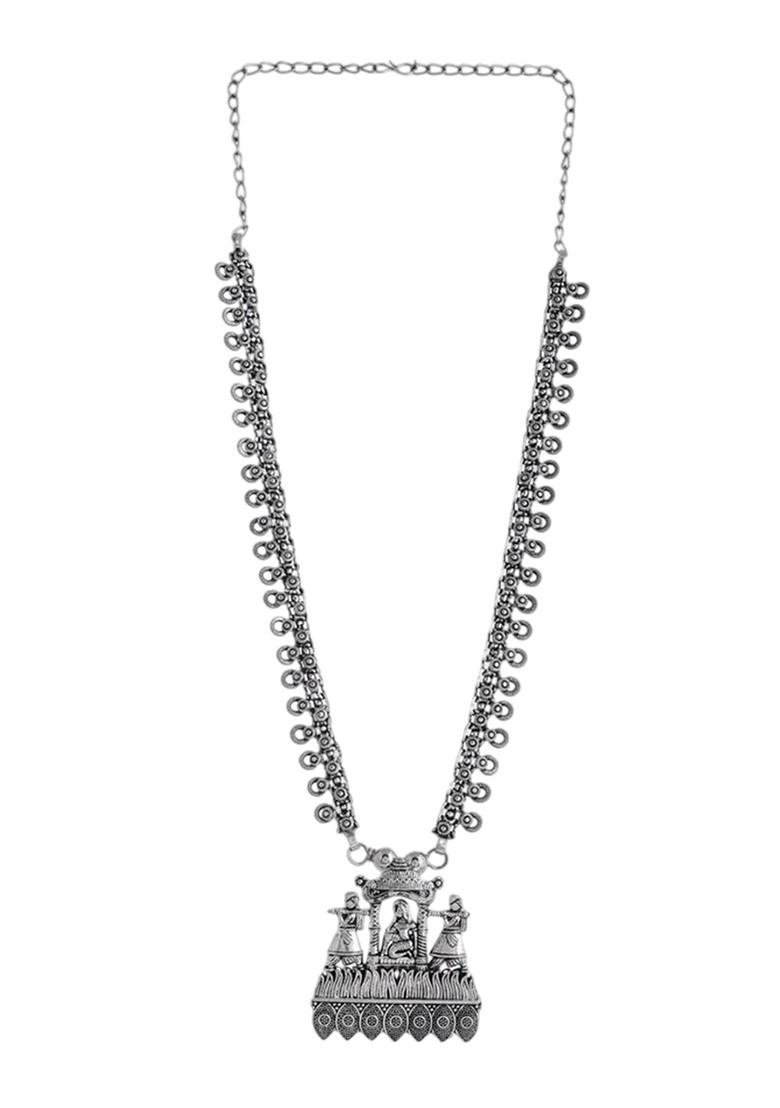 Silver Plated Oxidised Spring Chain Pendant Necklace