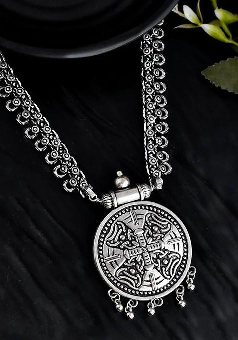 Silver Plated Oxidised Circular Pendant With Chain