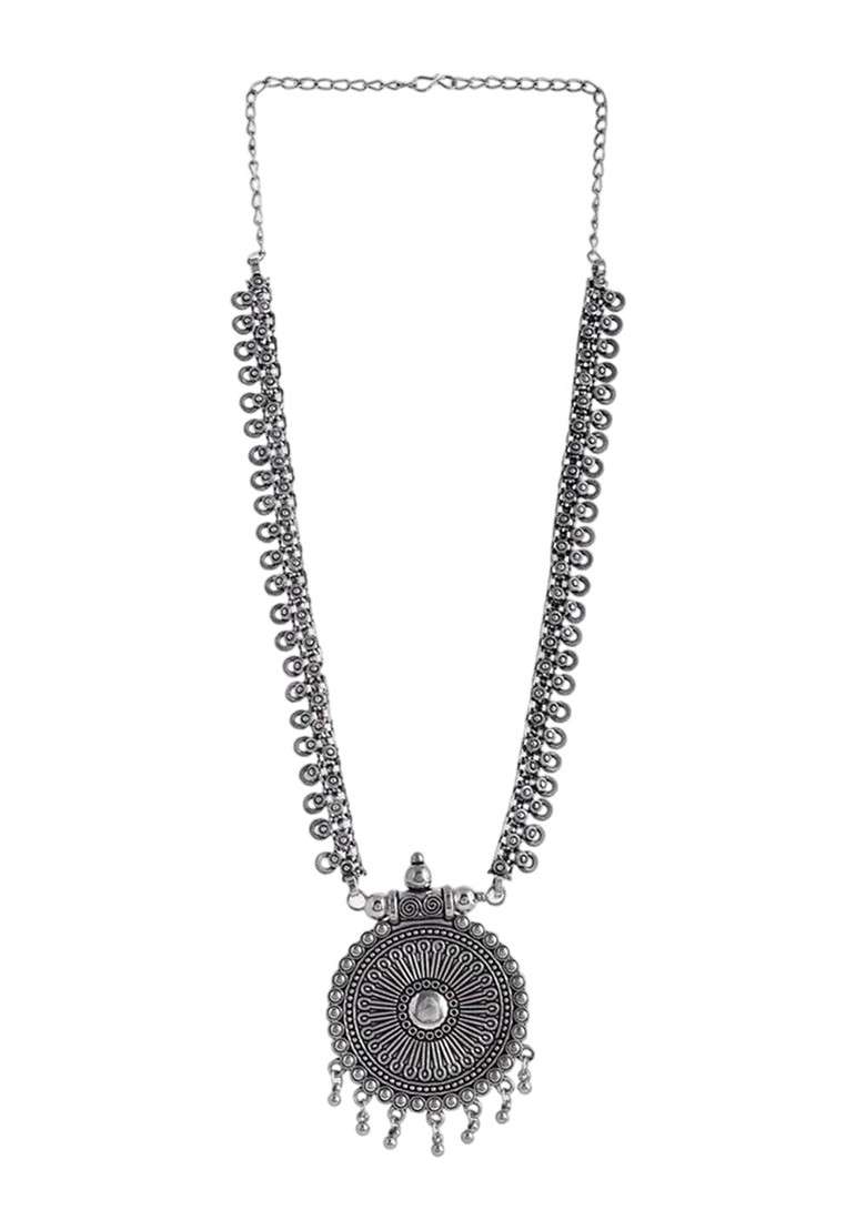 Silver Plated Oxidized Spring Chain Pendant Statement Necklace - Indya