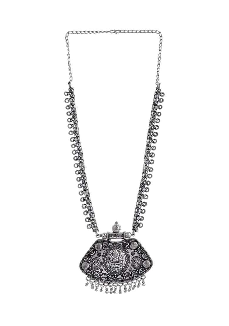 Silver Plated Oxidised Spring Chain Pendant Statement Necklace - Indya