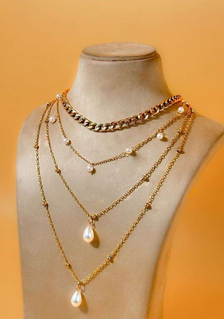 Women Brass Gold Plated Layered Necklace - Indya