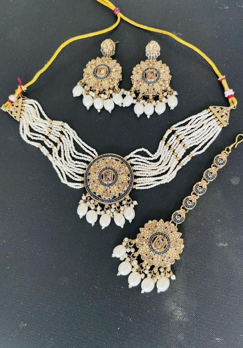 Gold Plated Crystal Stone Pearl And Beads Choker Necklace Set