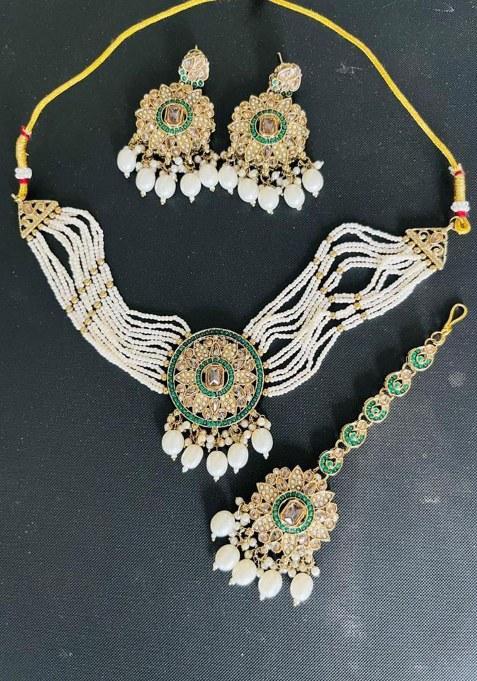 Gold Plated Crystal Stone Pearl And Beads Choker Necklace Set