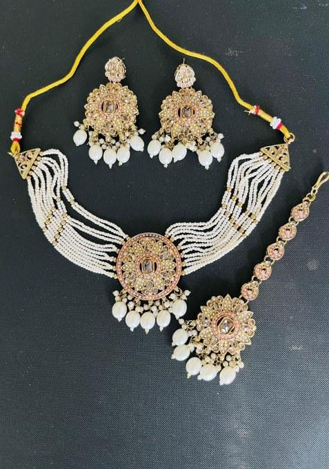 Gold Plated Crystal Stone Pearl And Beads Choker Necklace Set