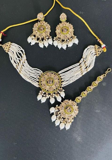 Gold Plated Crystal Stone Pearl And Beads Choker Necklace Set