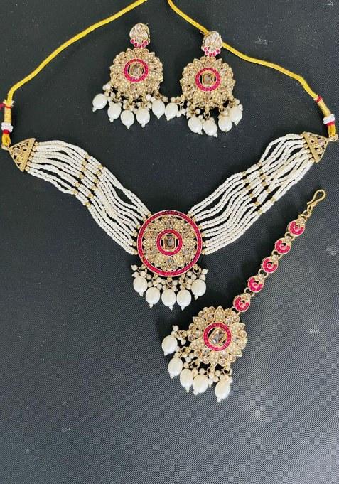 Gold Plated Crystal Stone Pearl And Beads Choker Necklace Set